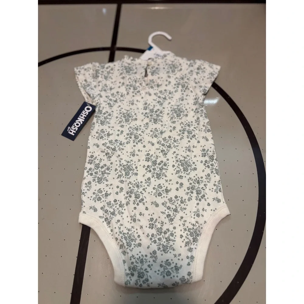 125 OshKosh Bgosh Baby Girl Floral Bodysuit 24M Cream Green Ruffle Neck 1T320210